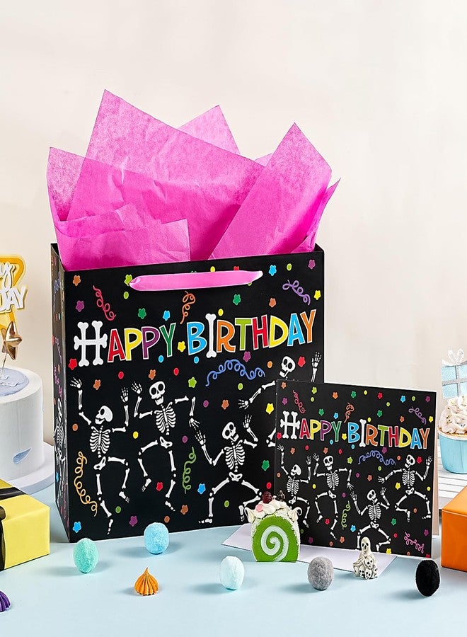 WRAPAHOLIC Skeleton Birthday Gift Bags with Tissue Paper and Card - 10 x 5 x 13 inch - Colorful Skeleton Happy Birthday Paper Bags for Kids Girls Boys, Halloween - Image 4